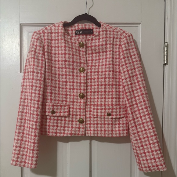 Zara Pink and White Houndstooth Blazer, size S - Picture 1 of 6